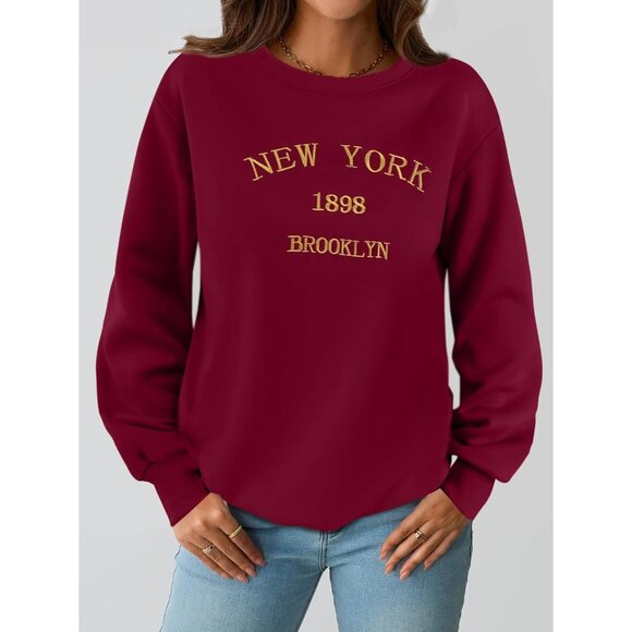 ⚡Women Burgundy Imported Graphic Crewneck Casual Long Sleeve Pullover Sweatshirt - Picture 2 of 7